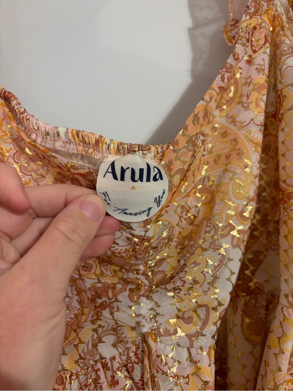 Arula Metallic Paisley Peplum Blouse XL Boho Balloon Sleeve Gold Shimmer - Picture 5 of 9